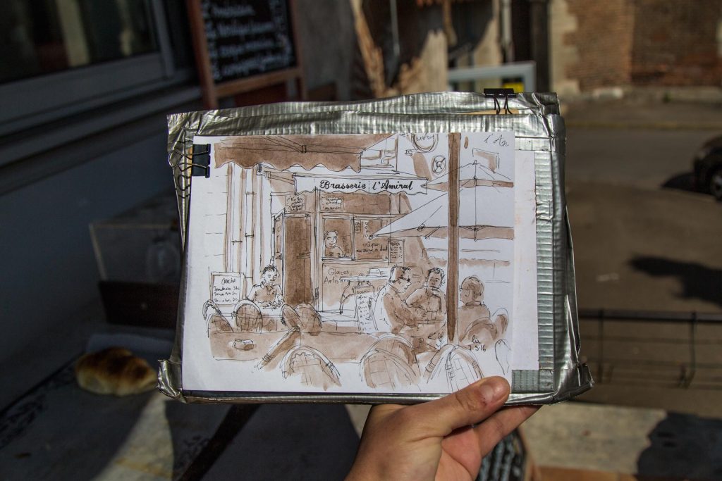 Croquis de la Brasserie "l'Amiral" échangé contre mon petit déjeuner